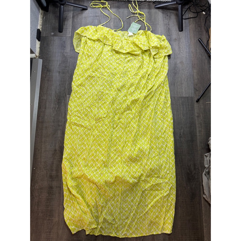 HM Lime Green White Geometric Ruffle Maxi‎ Dress LivaEco Viscose XL NWT